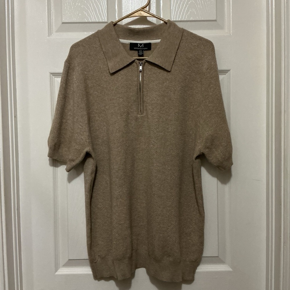 Magaschoni Men's‎ 1/4 Zip Short Sleeve Sweater Tan/Cream Textured Knit Preppy L
